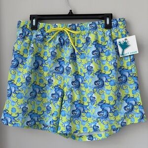 NWT HAPPY HOUR Sz XL Blue and Green Patterned Swim Shorts Pockets  Beach